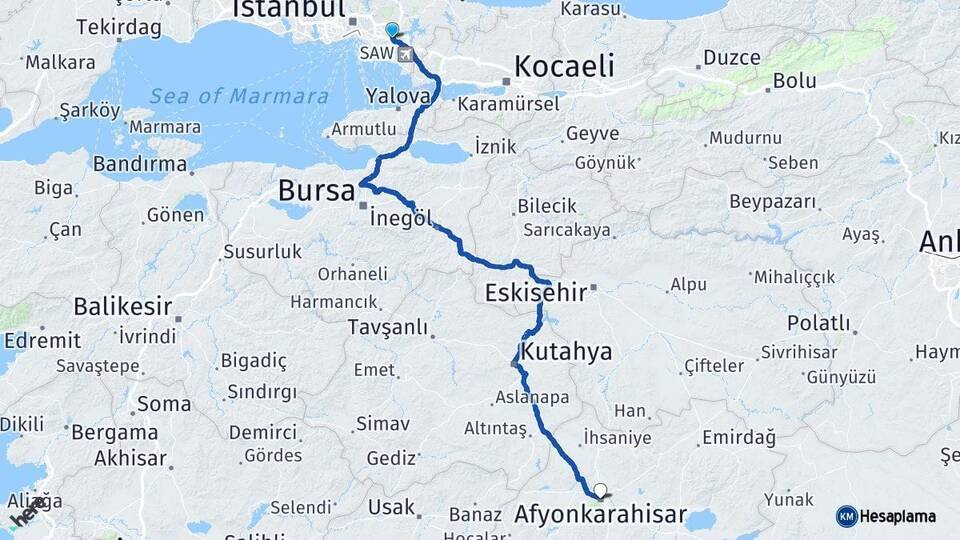 İstanbul Sancaktepe Afyonkarahisar Arası Kaç Km - Yol Haritası