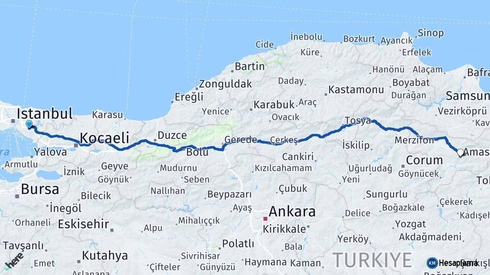 İstanbul Sancaktepe Amasya Arası Kaç Km - Yol Haritası