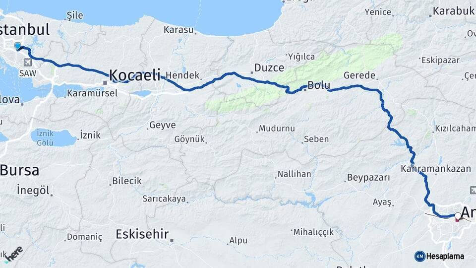 İstanbul Sancaktepe Ankara Arası Kaç Km - Yol Haritası