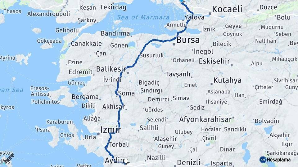 İstanbul Sancaktepe Aydın Arası Kaç Km - Yol Haritası
