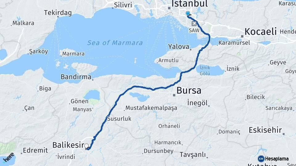 İstanbul Sancaktepe Balıkesir Arası Kaç Km - Yol Haritası