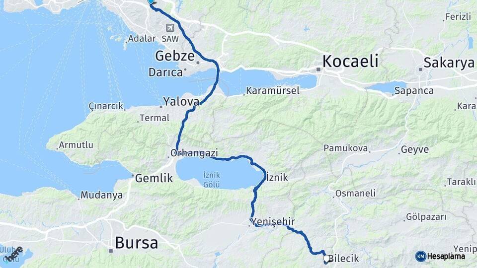 İstanbul Sancaktepe Bilecik Arası Kaç Km - Yol Haritası
