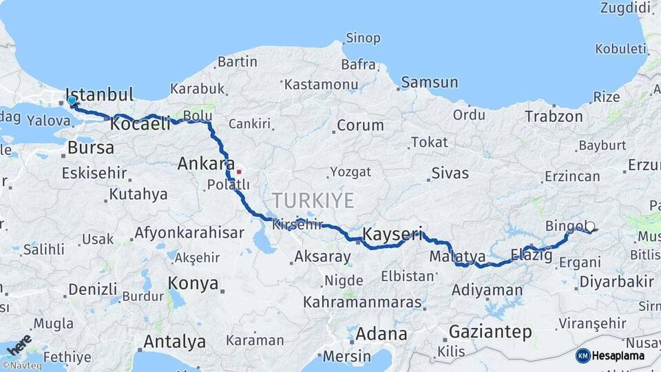 İstanbul Sancaktepe Bingöl Arası Kaç Km - Yol Haritası