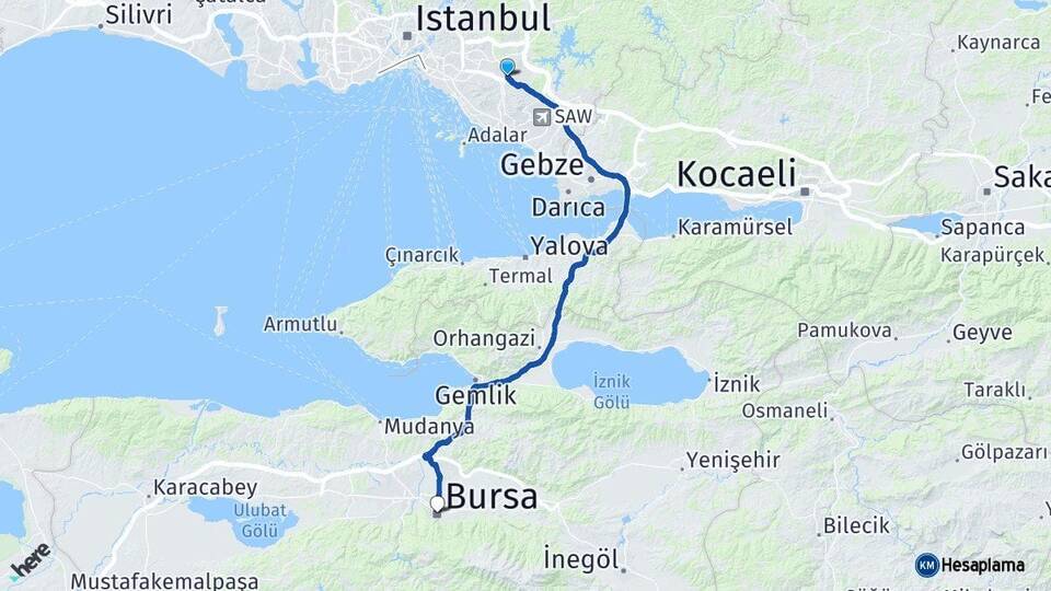 İstanbul Sancaktepe Bursa Arası Kaç Km - Yol Haritası