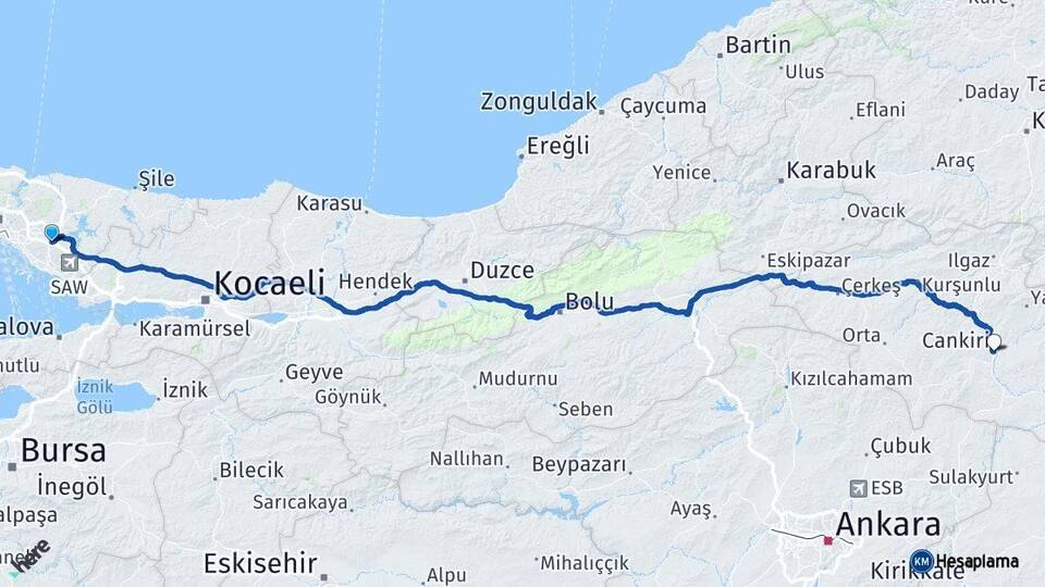 İstanbul Sancaktepe Çankırı Arası Kaç Km - Yol Haritası