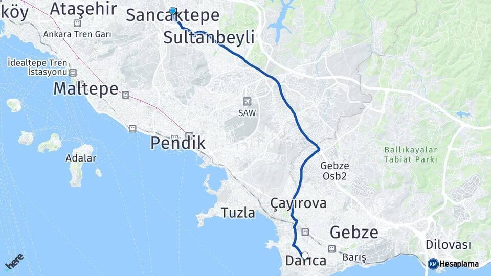İstanbul Sancaktepe Darıca Kocaeli Arası Kaç Km - Yol Haritası