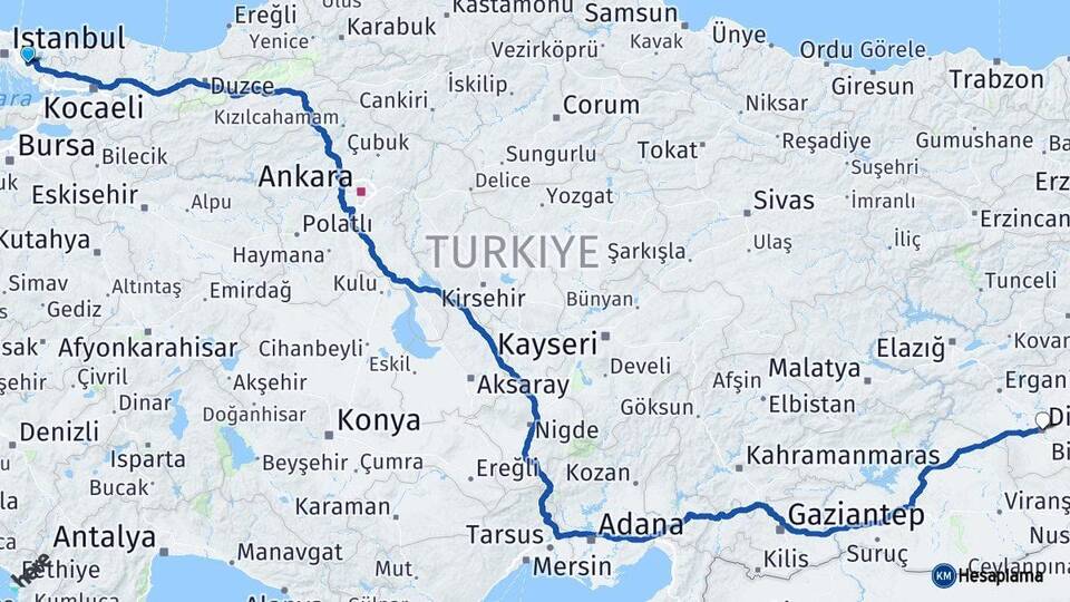 İstanbul Sancaktepe Diyarbakır Arası Kaç Km - Yol Haritası