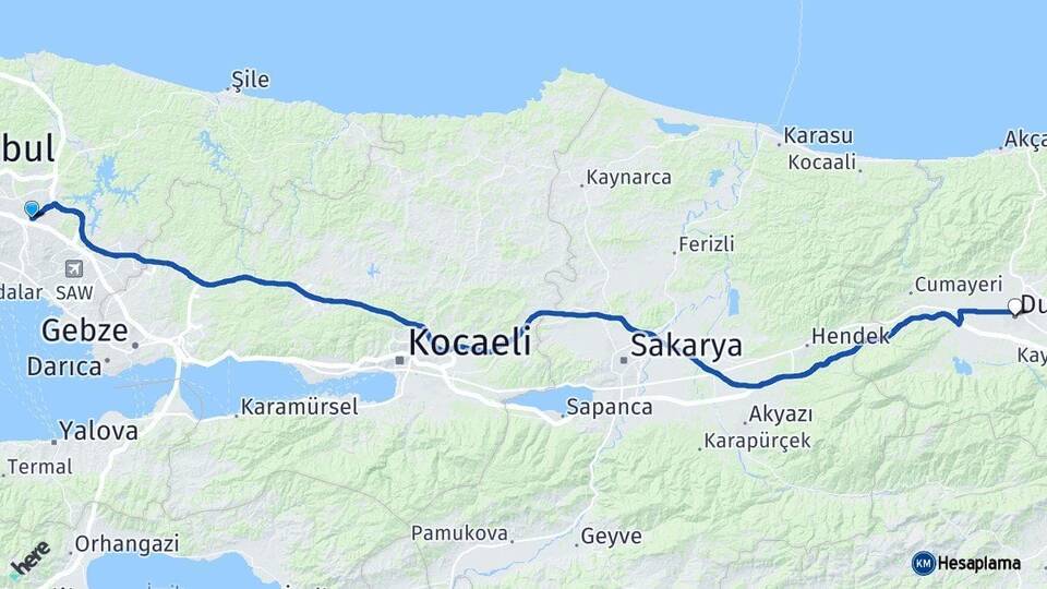 İstanbul Sancaktepe Düzce Arası Kaç Km - Yol Haritası
