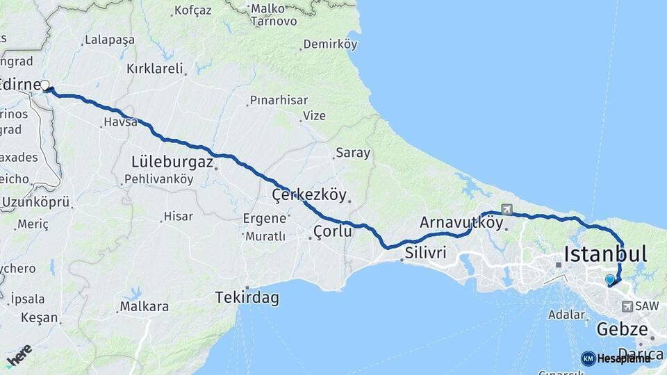 İstanbul Sancaktepe Edirne Arası Kaç Km - Yol Haritası