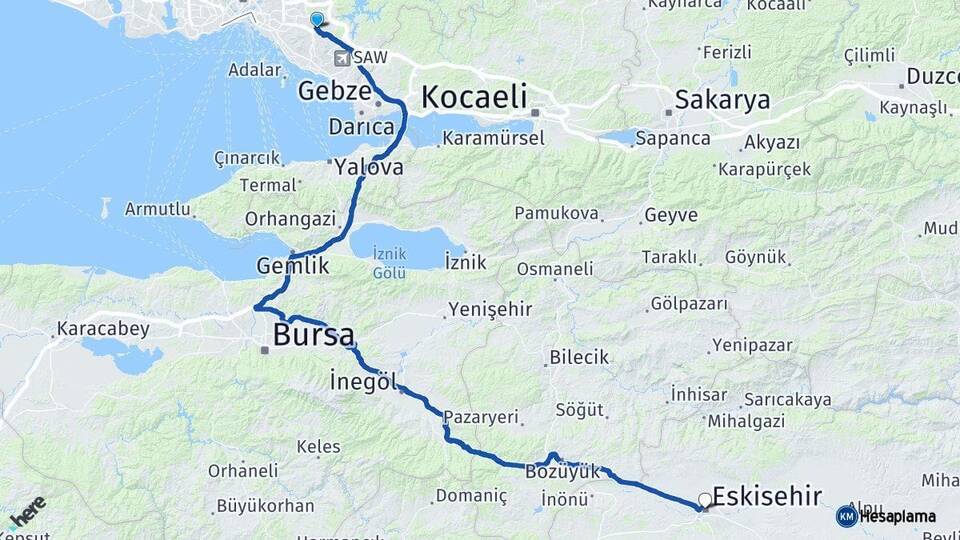 İstanbul Sancaktepe Eskişehir Arası Kaç Km - Yol Haritası