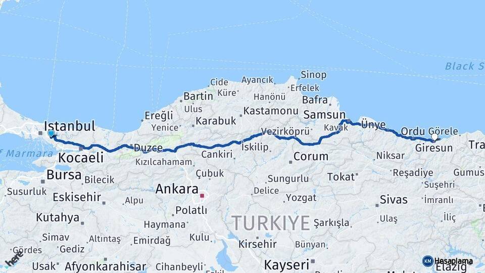 İstanbul Sancaktepe Giresun Arası Kaç Km - Yol Haritası