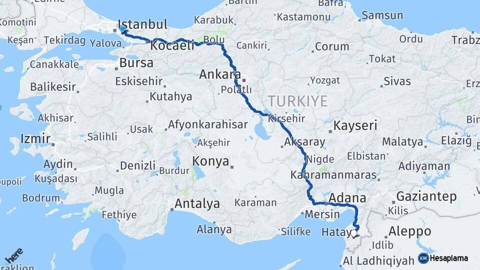 İstanbul Sancaktepe Hatay Arası Kaç Km - Yol Haritası