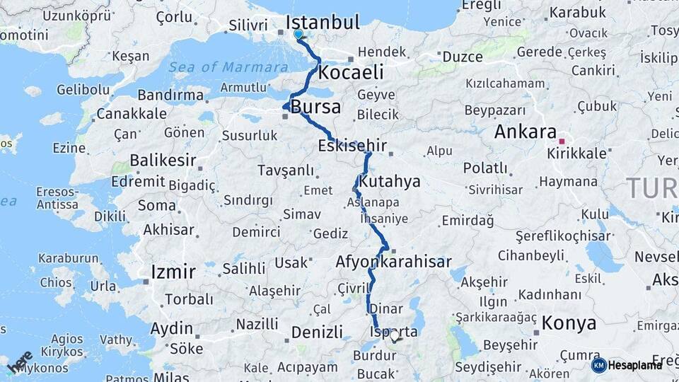 İstanbul Sancaktepe Isparta Arası Kaç Km - Yol Haritası