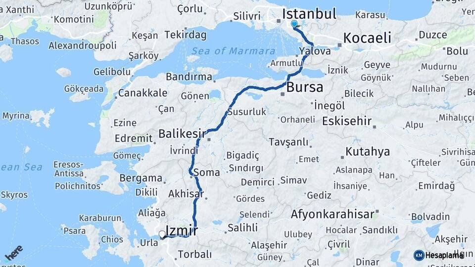 İstanbul Sancaktepe İzmir Arası Kaç Km - Yol Haritası