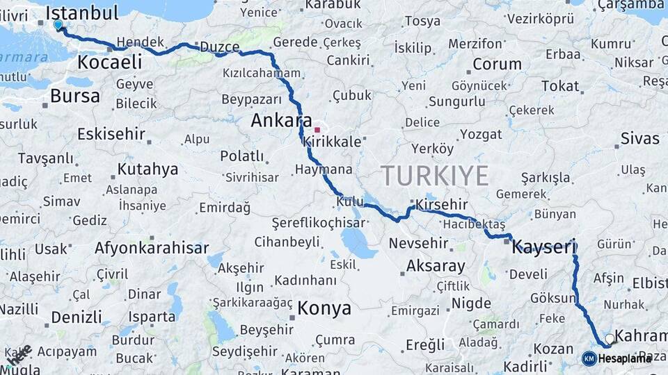 İstanbul Sancaktepe Kahramanmaraş Arası Kaç Km - Yol Haritası
