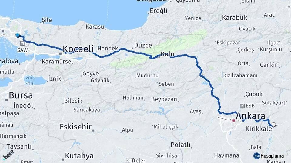 İstanbul Sancaktepe Kırıkkale Arası Kaç Km - Yol Haritası