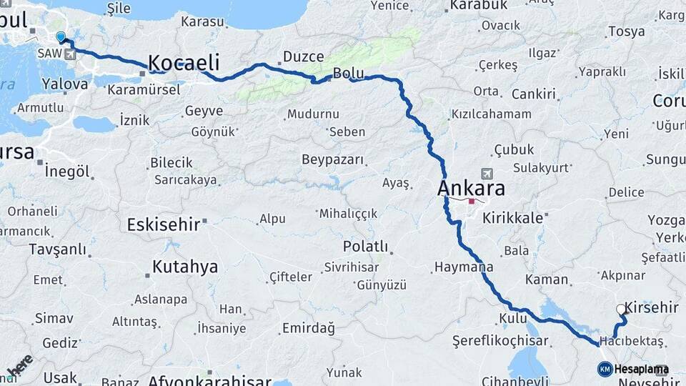 İstanbul Sancaktepe Kırşehir Arası Kaç Km - Yol Haritası