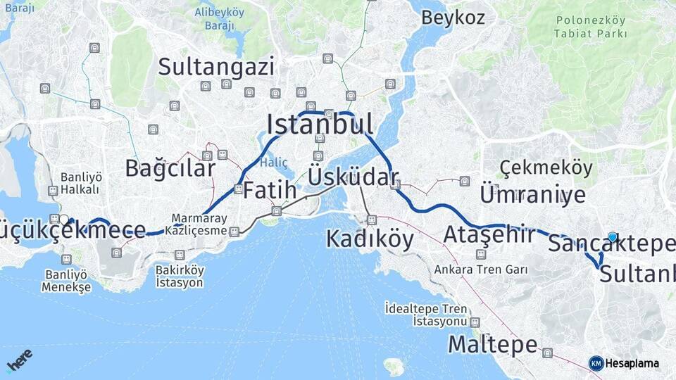 İstanbul Sancaktepe Küçükçekmece Arası Kaç Km - Yol Haritası