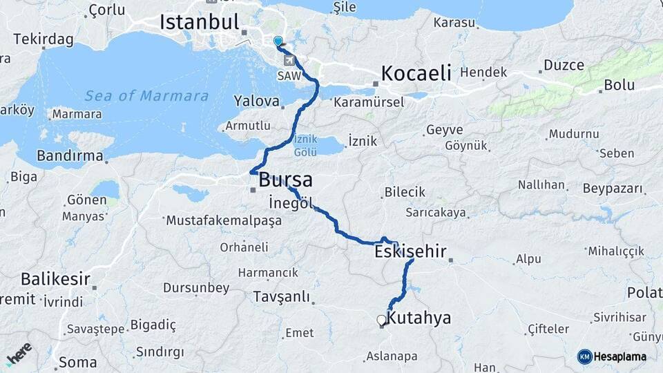 İstanbul Sancaktepe Kütahya Arası Kaç Km - Yol Haritası