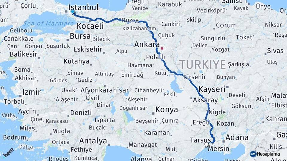 İstanbul Sancaktepe Mersin Arası Kaç Km - Yol Haritası