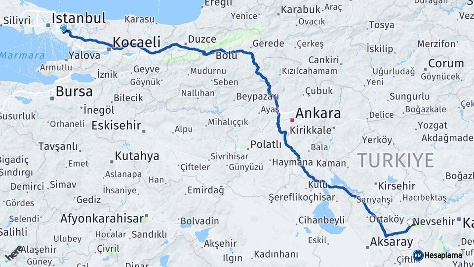 İstanbul Sancaktepe Nevşehir Arası Kaç Km - Yol Haritası