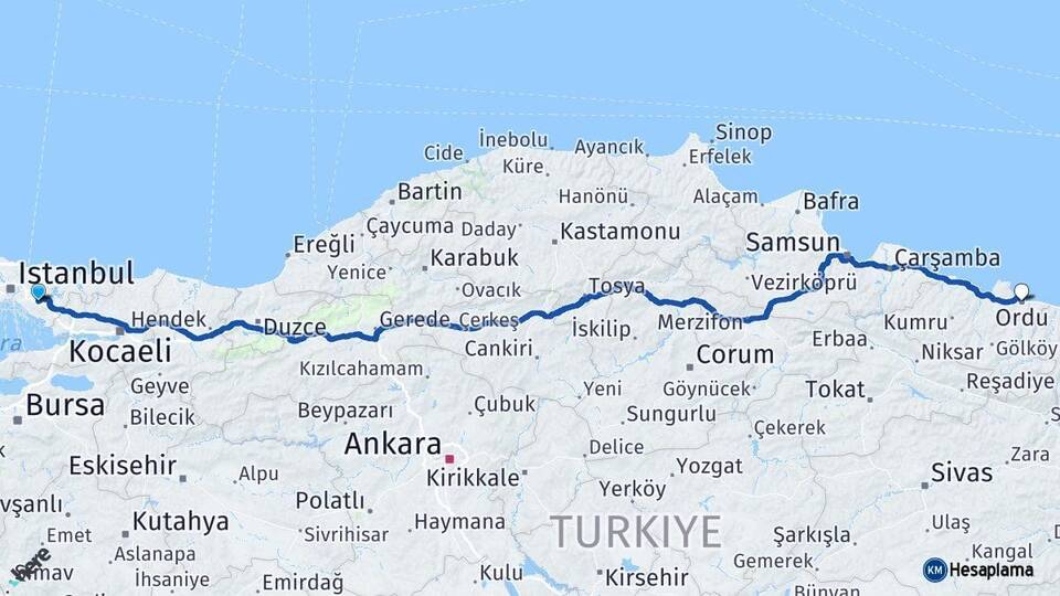 İstanbul Sancaktepe Ordu Arası Kaç Km - Yol Haritası
