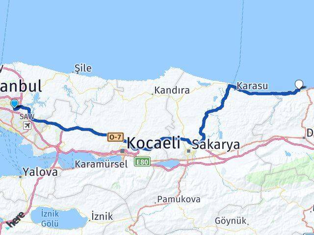 İstanbul Sancaktepe Samandıra Akçakoca Düzce Arası Kaç Km - Yol Haritası
