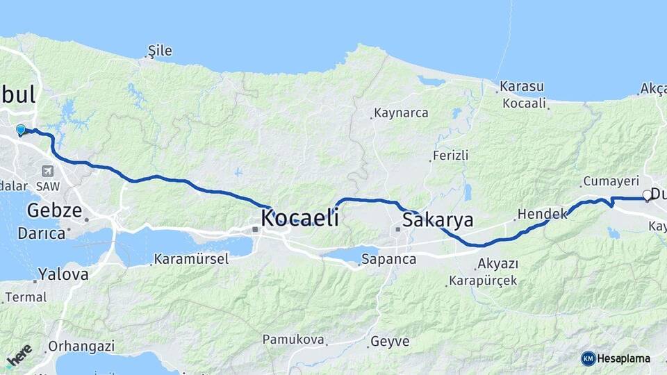 İstanbul Sancaktepe Samandıra Düzce Arası Kaç Km - Yol Haritası