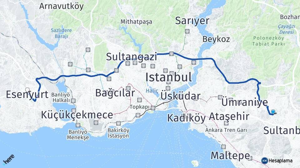İstanbul Sancaktepe Samandıra Esenyurt Arası Kaç Km - Yol Haritası