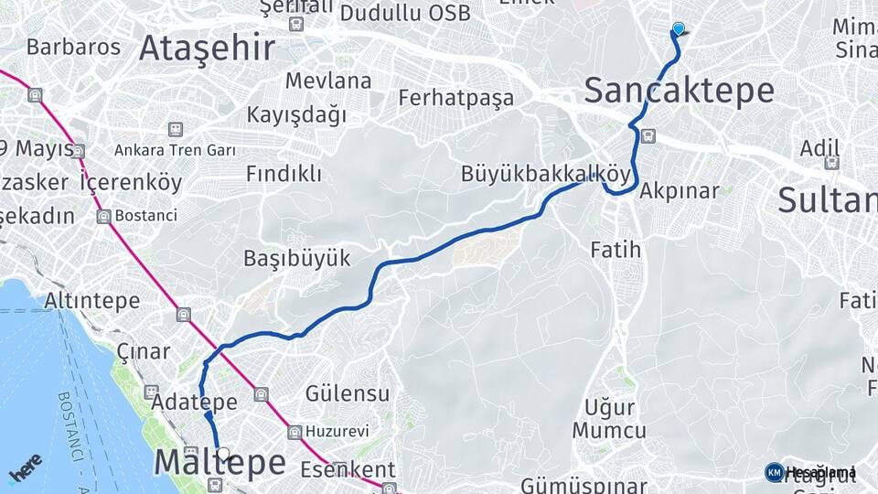 İstanbul Sancaktepe Samandıra Maltepe Arası Kaç Km - Yol Haritası