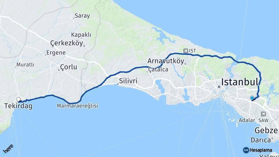 İstanbul Sancaktepe Tekirdağ Arası Kaç Km - Yol Haritası