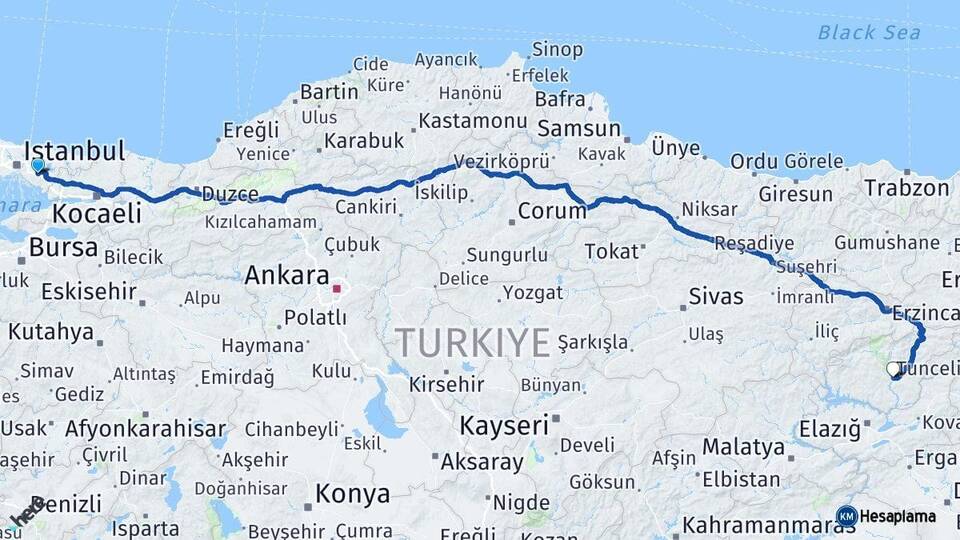 İstanbul Sancaktepe Tunceli Arası Kaç Km - Yol Haritası