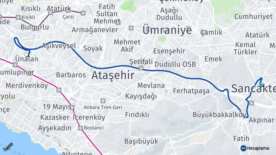 İstanbul Sancaktepe Ünalan Üsküdar Arası Kaç Km - Yol Haritası