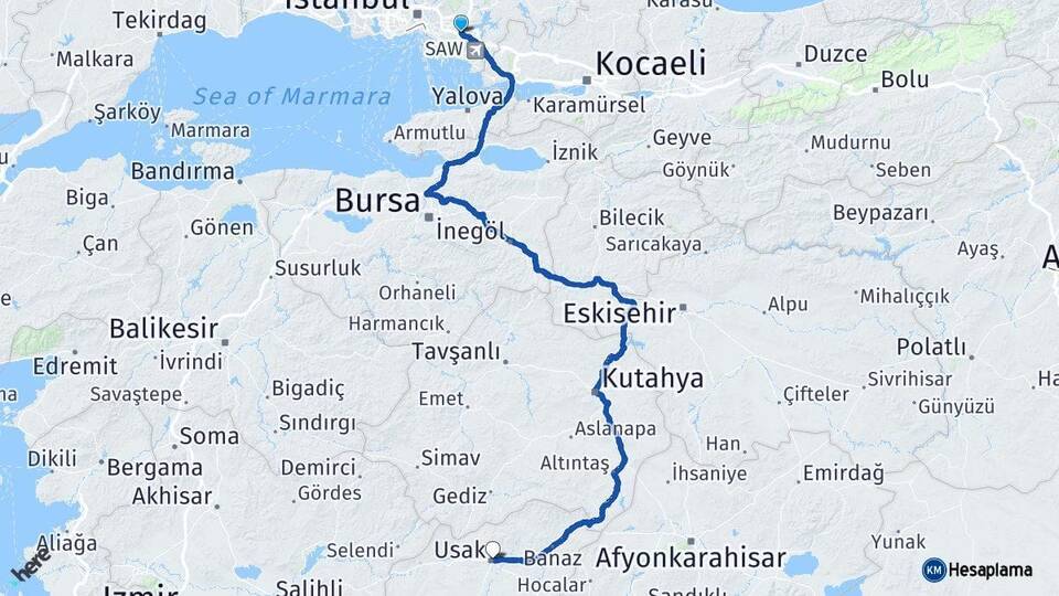 İstanbul Sancaktepe Uşak Arası Kaç Km - Yol Haritası