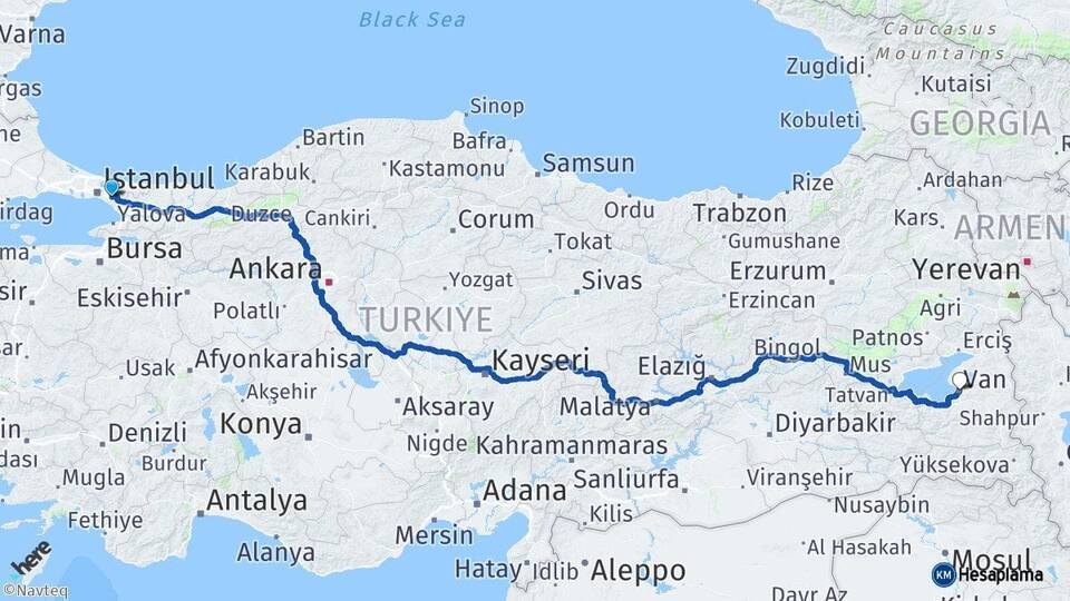 İstanbul Sancaktepe Van Arası Kaç Km - Yol Haritası