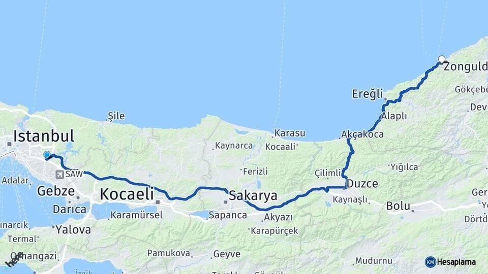 İstanbul Sancaktepe Zonguldak Arası Kaç Km - Yol Haritası