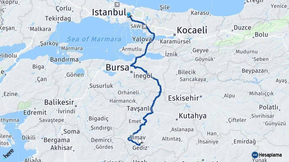 İstanbul Şaphane Kütahya Arası Kaç Km - Yol Haritası