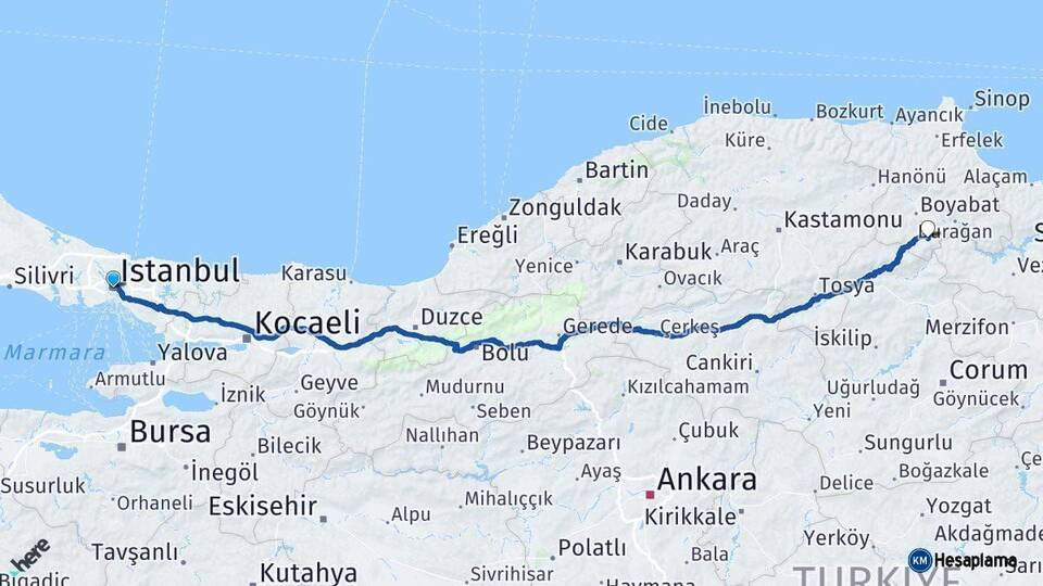 İstanbul Saraydüzü Sinop Arası Kaç Km - Yol Haritası
