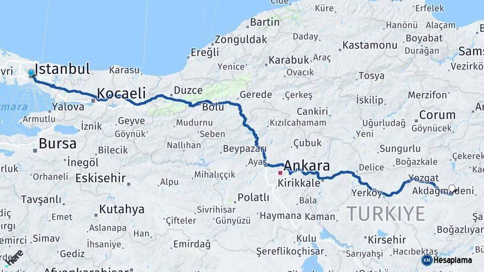 İstanbul Saraykent Yozgat Arası Kaç Km - Yol Haritası