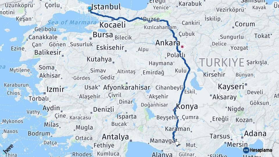 İstanbul Sarıveliler Karaman Arası Kaç Km - Yol Haritası