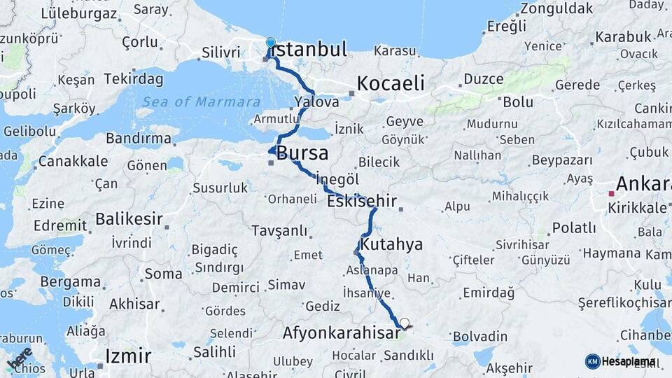 İstanbul Sarıyer Afyonkarahisar Arası Kaç Km - Yol Haritası