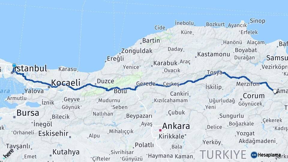 İstanbul Sarıyer Amasya Arası Kaç Km - Yol Haritası