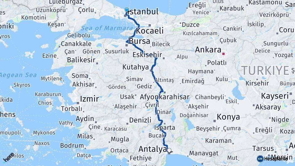 İstanbul Sarıyer Antalya Arası Kaç Km - Yol Haritası