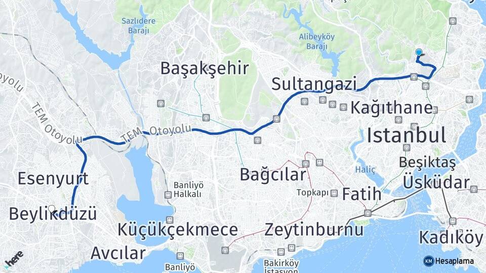 İstanbul Sarıyer Ayazağa Beylikdüzü Arası Kaç Km - Yol Haritası