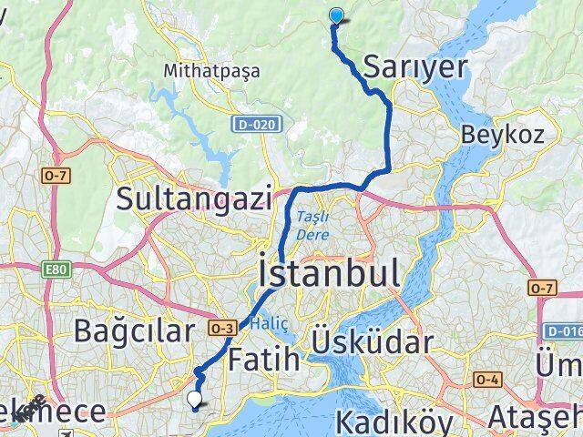 İstanbul Sarıyer Bahçeköy Zeytinburnu Arası Kaç Km - Yol Haritası