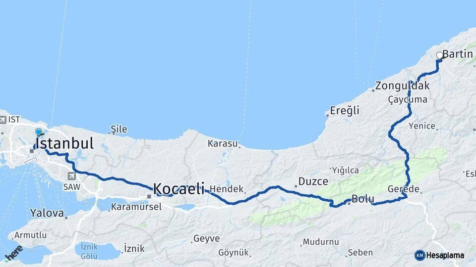 İstanbul Sarıyer Bartın Arası Kaç Km - Yol Haritası