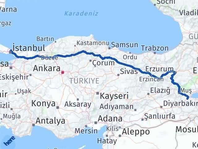 İstanbul Sarıyer Bitlis Arası Kaç Km - Yol Haritası