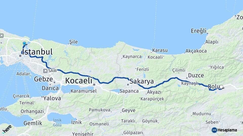 İstanbul Sarıyer Bolu Arası Kaç Km - Yol Haritası