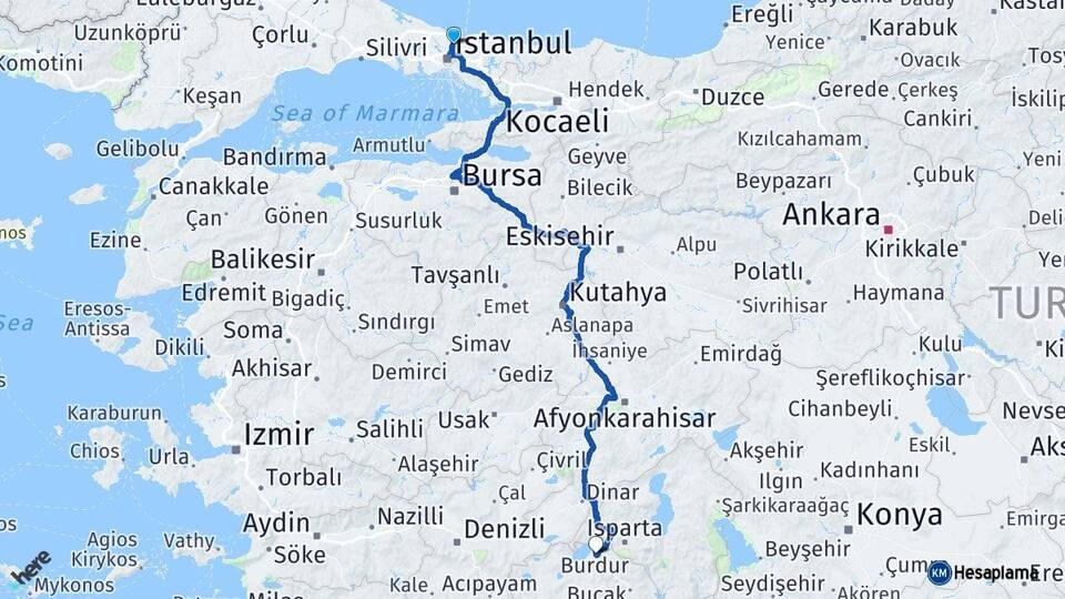 İstanbul Sarıyer Burdur Arası Kaç Km - Yol Haritası