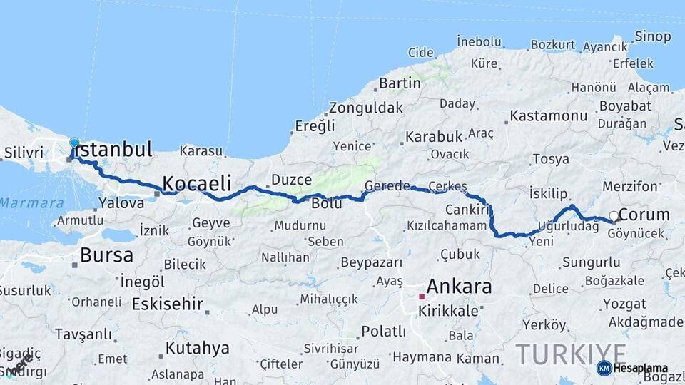 İstanbul Sarıyer Çorum Arası Kaç Km - Yol Haritası